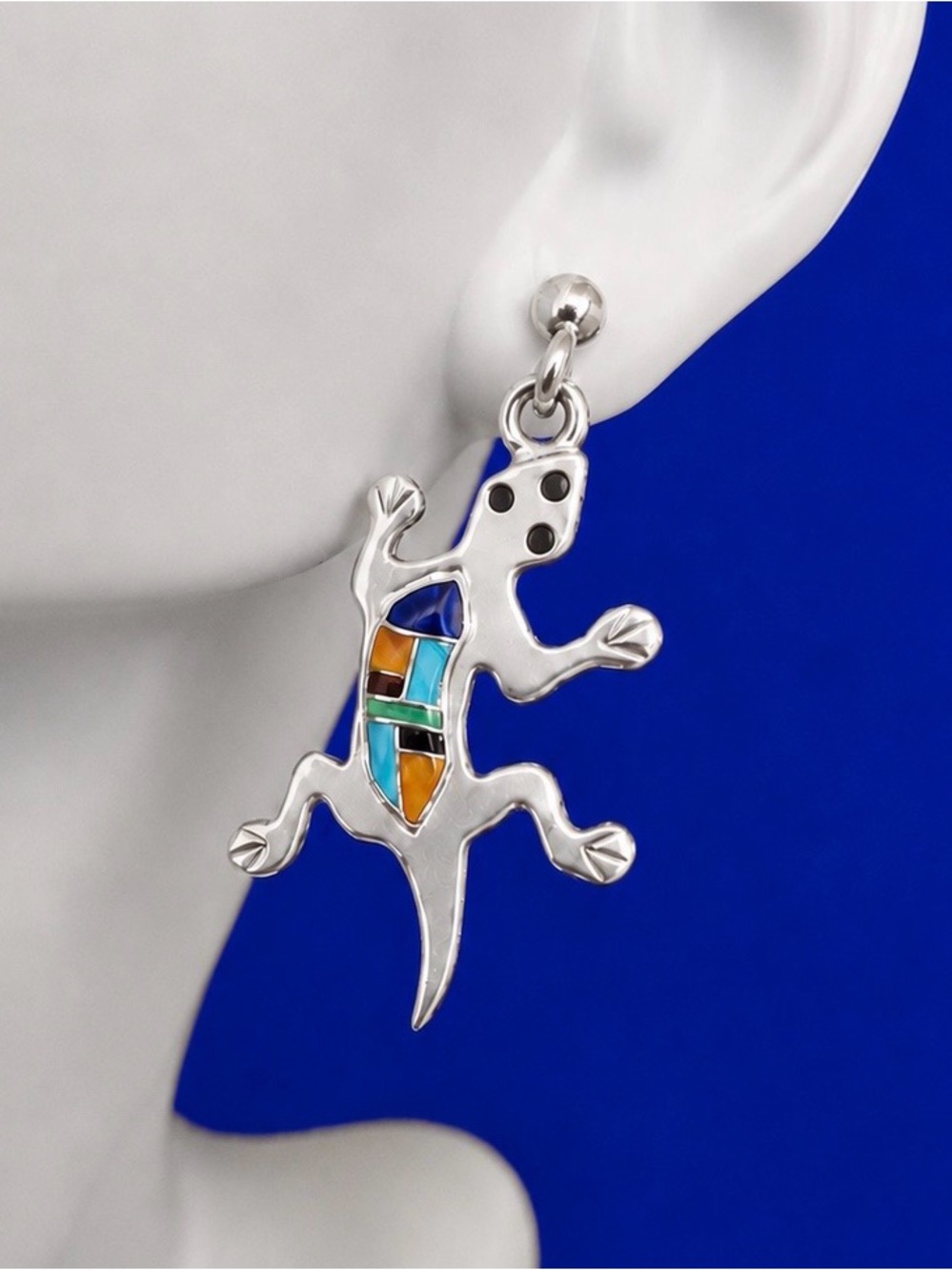Southwestern Sterling Silver Earrings Lizard Inlay Turquoise Lapis PRETTY